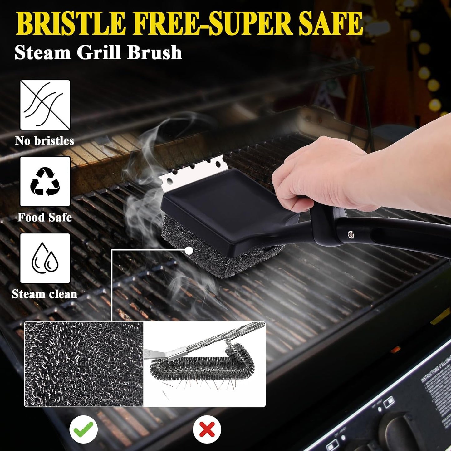 Grill Brush Bristle Free, 4 in 1 Grill Brush for Outdoor Grill with Replaceable Cleaning Head, Extra Long Safe Steam Grill Cleaner Brush with Scraper for Cast Iron, Stainless-Steel Grates
