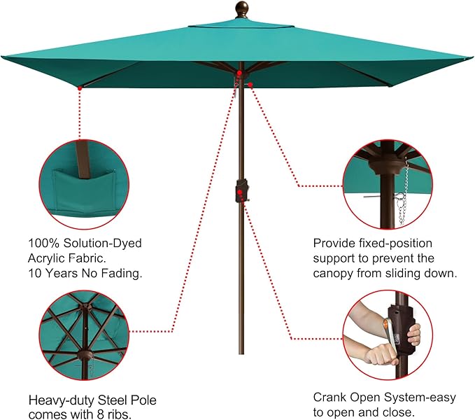 EliteShade USA 10-Year-Non-Fading 6.5x10Ft Rectangular Market Umbrella Patio Umbrella Outdoor Table Umbrella with Ventilation, Teal