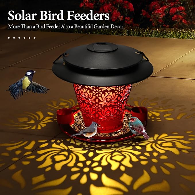 Solar Bird Feeders for Outside Hanging Metal Wild Bird Feeder Solar Lanterns Outdoor Waterproof Garden Decor for Yard red