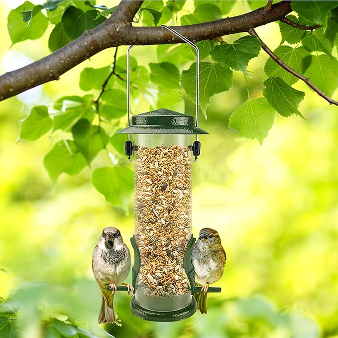MIXXIDEA Wild Bird Feeders For Outdoors Hanging Stainless Steel Hanging Bird Feeder Tube, Finch Feeder For Garden Backyard Decoration Attractive Water Resistant Bird Feeders For Outside Green - 2 Pack