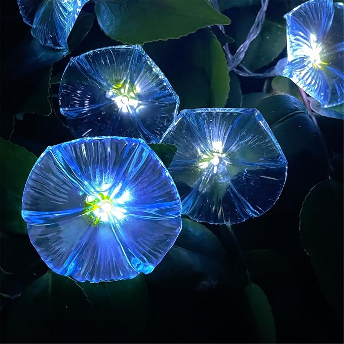 Solar Flowers Outdoor Waterproof - Petunia Blue Morning Glory Flowers&Solar Moth Orchid String Lights 12.5ft 10 LED Phalaenopsis Flower Solar Fairy Lights