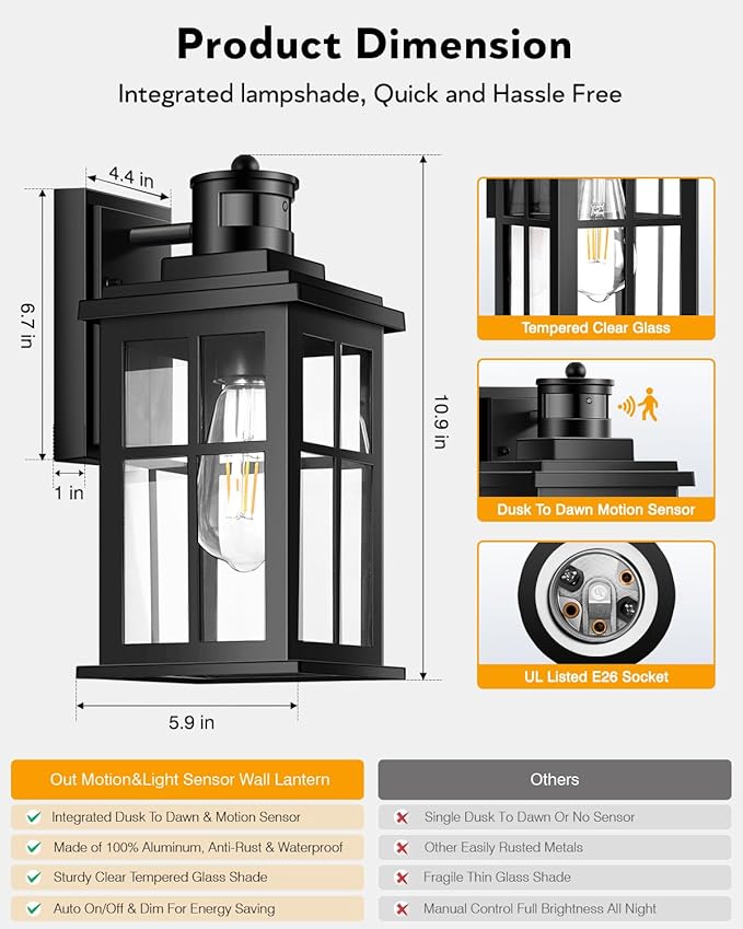 Motion Sensor Outdoor Lights, 2 Pack Outside Light Fixture Dusk to Dawn, Black Outdoor Motion Sensor Light, Anti-Rust Exterior Light Fixture for House, Garage, Doorway, Porch, 100% Aluminum