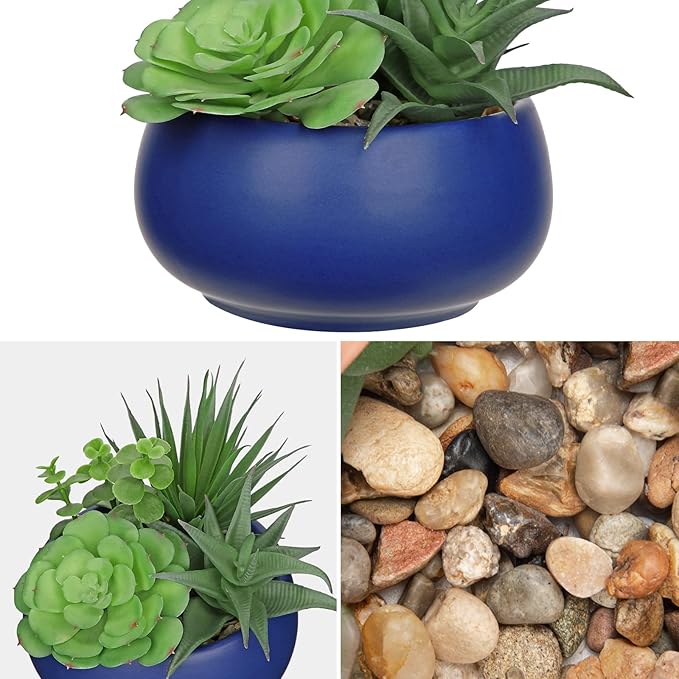 Fake Plants Artificial Succulents in Pots Faux Succulent Arrangement Potted Plant with Blue Ceramic Pot for Home Decor Modern Office Desk Bathroom Shelf Living Room Indoor & Outdoor Decoration