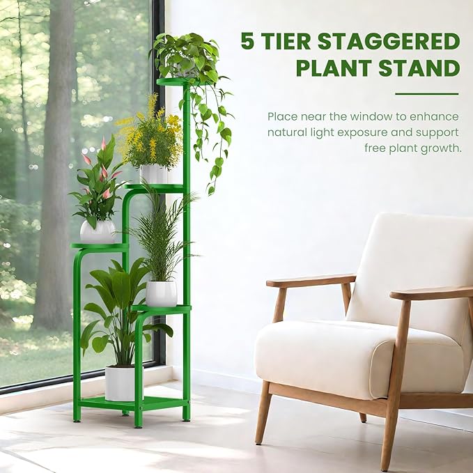 TOSKING 5 Tier Tall Plant Stand Indoor Outdoor, Heavy Duty Corner Shelf for Plants & Decor, Space Saving 3.9FT Metal Flower Pot Stand for Balcony, Garden, Living Room, Patio (Green)