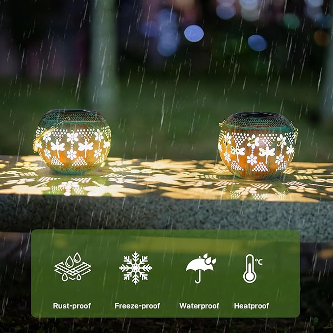 Starsoul 2 Pack Solar Lanterns Waterproof Outdoor, Dragonfly Hollow Out Metal Decoractive Hanging Solar Lantern Lights for Outside Garden Yard Porch Tabletop Patio Decor, Gardening Gifts for Women Mom
