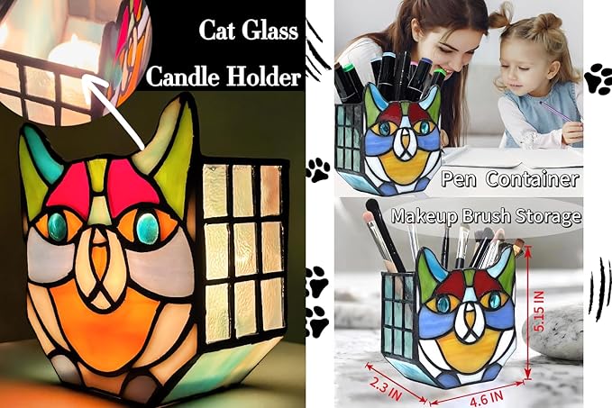 Tiffany Stained Glass Cat Planter,Indoor and Outdoor Plant Displays,Succulent Cat Pot,Plant Gifts for Women,4.6x5.15x2.3 in (Without Succulents)