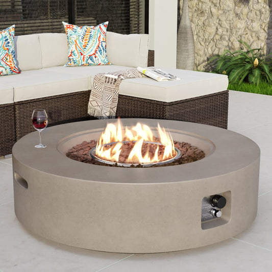 COSIEST 42 inch Outdoor Propane Fire Pit Coffee Table w Concrete Round Base Patio Heater, 50,000 BTU Stainless Steel Burner, Free Lava Rocks, Rain Cover(Gray)