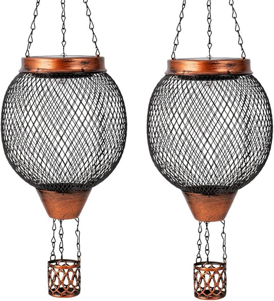 Starsoul 2 PC Cage Hot Air Balloon Solar Lantern with Flame Glass Outdoor Hanging Hot Air Balloon Solar Light Lamp Waterproof Garden Patio Yard Party Decorations