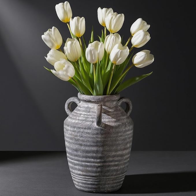 Grey Terracotta Ceramic Vase with Handles, Vintage Rustic Pottery Vases for Table Centerpiece, Cottage Core Home Decor, Large Flower Vases for Bouquet Entryway Mantel Bookshelf Living Room 8.9 Inch