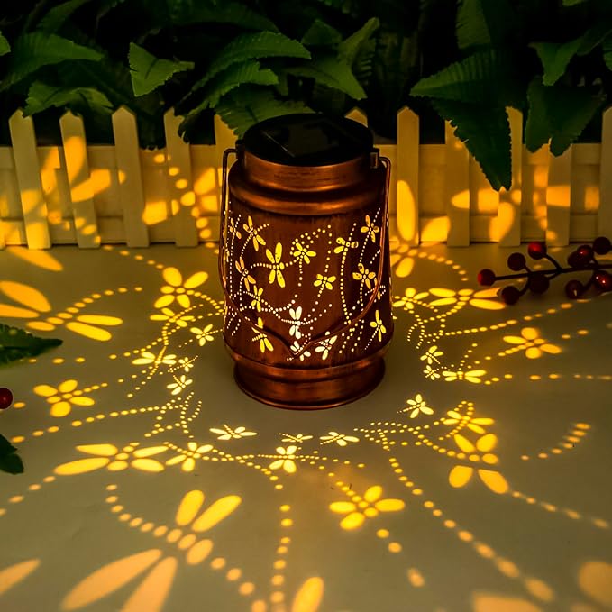 Mothers Day Gifts, Dragonfly Solar Lanterns Outdoor Hanging, Hollowed-Out Metal Waterproof LED Garden Decor Light for Patio Yard Pathway Lawn Front Porch Tree, Birthday Gifts for Women Mom Grandma