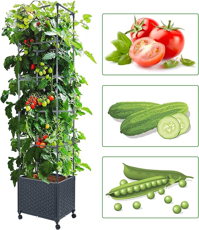 LINEX Raised Garden Bed Planter Box with Trellis, 67.6” Tomato Planters for Climbing Plants Vegetable Vine Flowers Outdoor Patio, Tomatoes Cage w/Self-Watering & Wheels