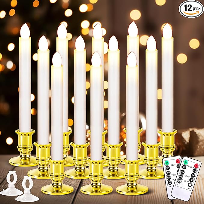 12 Pack Christmas Window Candles, Battery Operated Window Candles with Timer Remote, Candle Holder Suction Cup for Christmas Decorations, Gold