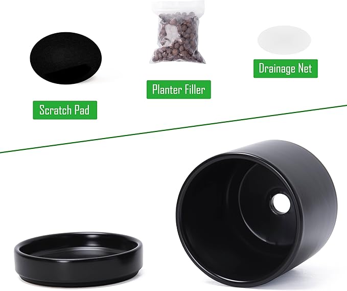 D'vine Dev Set of 4 Small Ceramic Plant Pots, 3.5 Inch Succulent Planter Pot for Plants with Drainage Hole and Saucer, Black, 94-X-A-2
