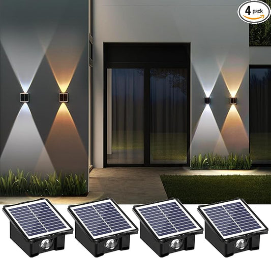 2LED Solar Wall Lights, Up and Down Lighting Solar Outdoor Light Waterproof IP65, 6500K/3000K Solar Fence Light Solar Powered Light for Yard Garden Garage Christmas Decorations (4 Pack)