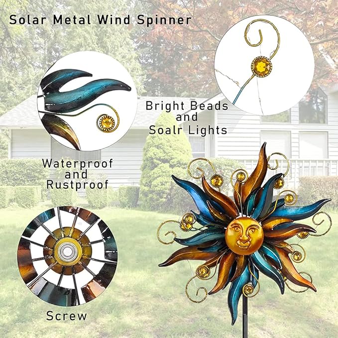VEWOGARDEN Garden Solar Wind Spinner, Sun Outdoor Metal Wind Sculpture Yard Art Decor for Patio, Lawn & Garden