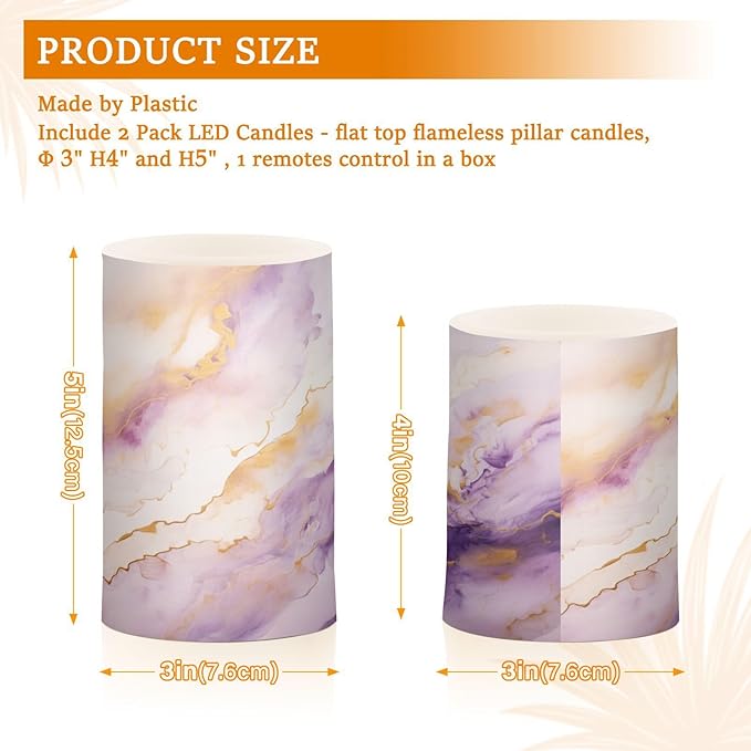 Flickering Flameless Candles, Purple Gold Marble LED Candles with Remote Timer, Set of 2 Battery Operated Candle for Valentine Wedding Birthday