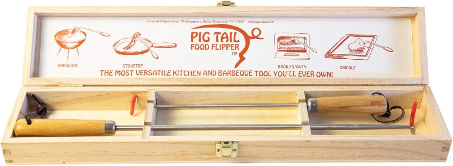 Jaccard Original Combo Pack with Wooden Gift Box, 12"/19", PigTail Food Flipper, Stainless Steel