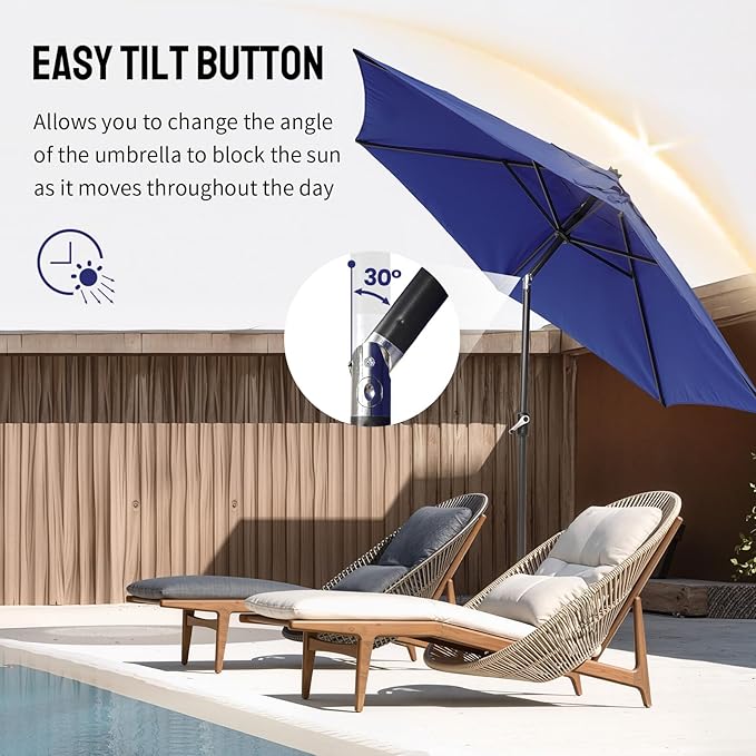 CROWN SHADES 9 Ft Patio Umbrella - Polyester Outdoor Umbrella with 30° Push Button Tilt, Patented Edge Connection Windproof Design for Patio, Pool, Garden & Table, UV Resistent