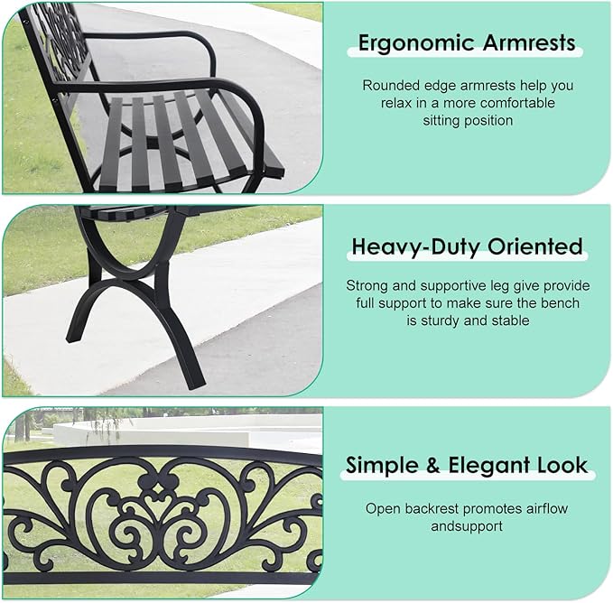 FDW Outdoor 50 Inches Garden Bench, Slatted Seat Armrests Floral Design Backres and Arch Legs, Perfect for Park, Yard, Porch, Lawn, Balcony, Backyard, Black