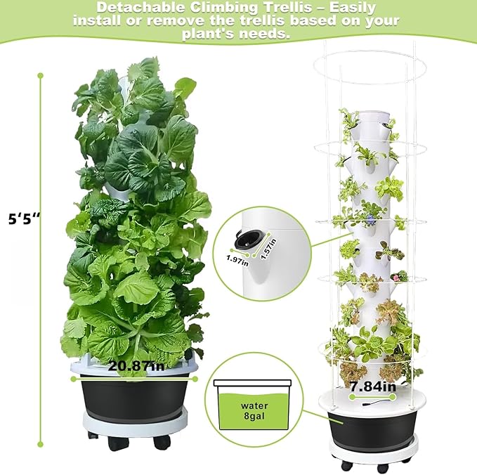 Hydroponic System Kit, Hydroponic Vertical Garden, Lettuce & Herb Starter Kit, with 36 Plant Holes, 9-Tier Indoor Outdoor Growing Tower with Climbing Trellis and Timer