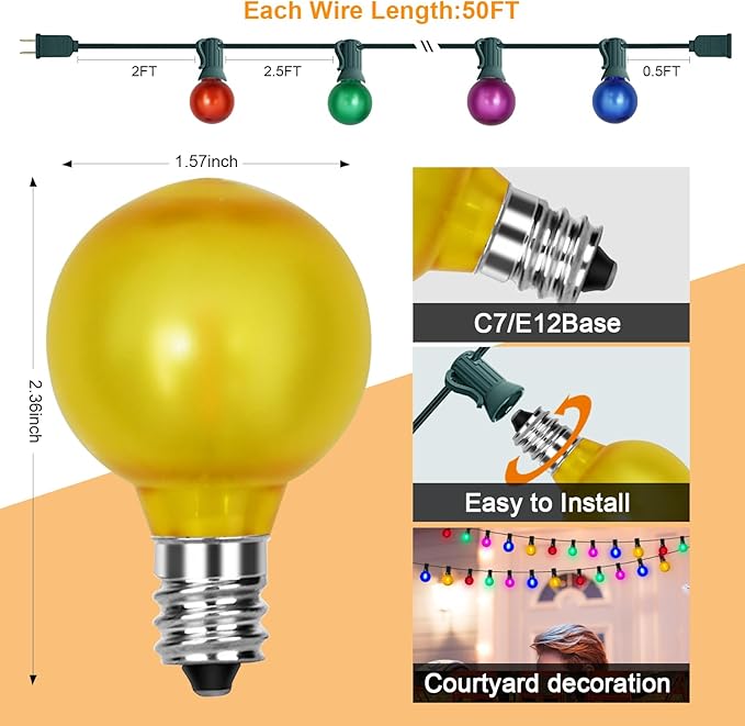 50Ft Outdoor Frosted Multicolor Christmas Lights, G40 Globe Patio String Lights with 25 Ceramic Colorful Bulbs(2 Spare), Hanging Outside Christmas Lights Vintgae for Holiday Party Backyard Decorations