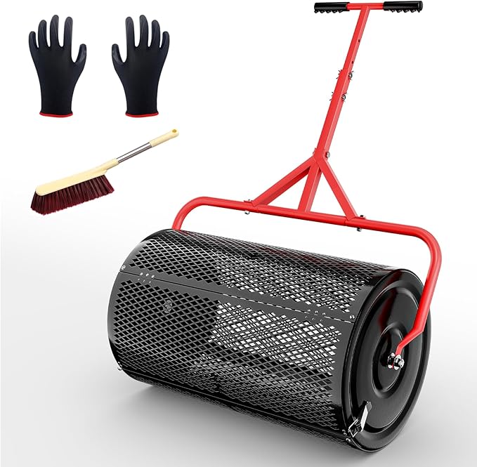 Compost Peat Moss Spreader for Lawn, 24 Inch Compost Roller Spreader with Adjustable T-Shaped Handle, Upgraded Side Clasps, Durable Lightweight Metal Roller, Lawn Garden Yard Care (Black)