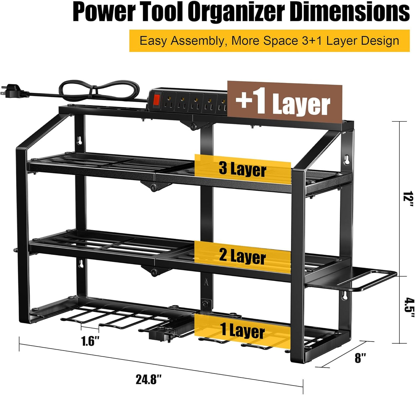 Heavy Duty Power Tool Organizer Wall Mount, 3 Layers Storage Rack with 6 Cordless Drill Holders, Garage Tool Organizer Storage for Workshop Shed, Charging Station Shelf, Father/Men Gifts