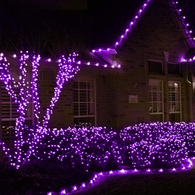 Purple Christmas Net Lights Outdoor - 360 LED Net Lights Waterproof with Remote, 12x5 ft Extendable 8 Modes Christmas Net Lights with Green Wire for Bushes Lawn Garden Shrubs Tree Backyard Decorations
