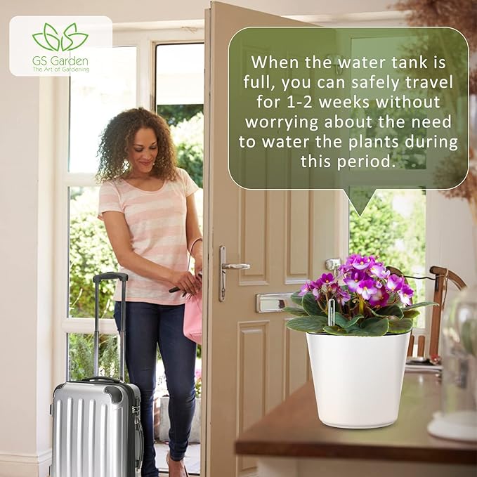 7 inch Plant Pots 6-Pack, Self Watering Flower Pots Indoor Outdoor, African Violet Pots Planters with Drainage Hole Saucer Reservoir, White