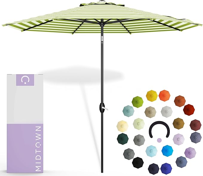 Midtown Umbrellas The Lean 8 Feet Outdoor Umbrella With Terylast Pear Stripes (Green/White Stripes) Polyester Fabric - Auto-Tilt Aluminum Frame Patio Umbrella For Deck, Garden, Pool - Black Pole