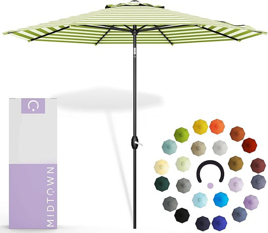 Midtown Umbrellas The Lean 8 Feet Outdoor Umbrella With Terylast Pear Stripes (Green/White Stripes) Polyester Fabric - Auto-Tilt Aluminum Frame Patio Umbrella For Deck, Garden, Pool - Black Pole