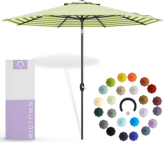 Midtown Umbrellas The Lean 9 Feet Outdoor Umbrella With Terylast Pear Stripes (Green/White Stripes) Polyester Fabric - Auto-Tilt Aluminum Frame Patio Umbrella For Deck, Garden, Pool - Black Pole