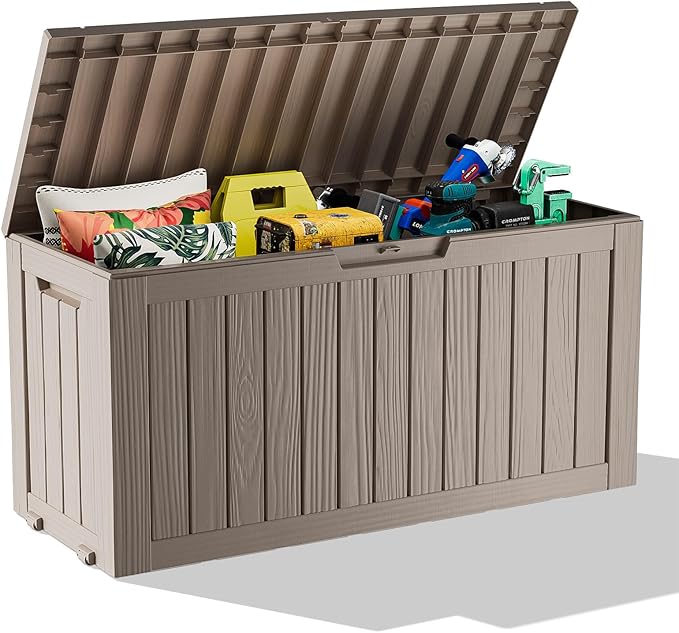 76 Gallon Outdoor Deck Box,Storage Lockable Waterproof Patio Furniture,Garden Tools,Cushions,Pool Accessories Outside Storage Resin Box(Grey)