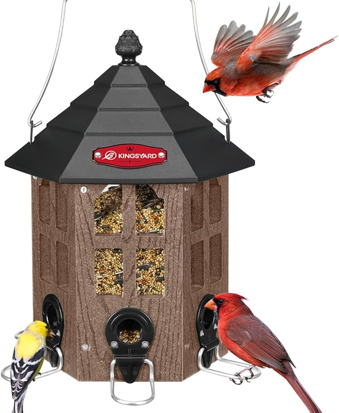 Kingsyard Wild Bird Feeder for Outdoor Hanging, Recycled Plastic Bird Feeders with 6 Ports & U-Shape Perch, Garden Yard Outside Decoration, 3.5 lbs Seed Capacity, Brown
