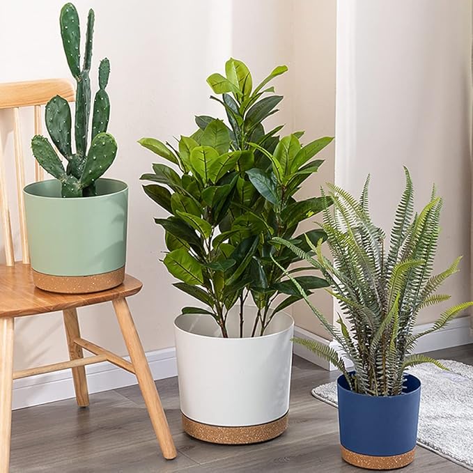 ZMTECH Plant Pots, Set of 6 6.5'' Self Watering Plastic Planter with Drainage Hole and Saucer,Modern Decorative Flower Pot for Indoor Outdoor House Plants, Succulents, Flowers - Green