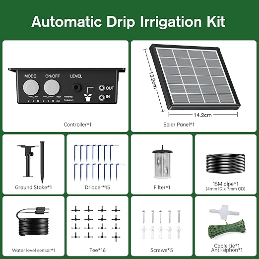NFESOLAR Solar Drip Irrigation System Outdoor with 2200mAh Battery Backup, 6 Timing Modes, Supported 15 Pots Plants, Solar Watering System for Garden Green House