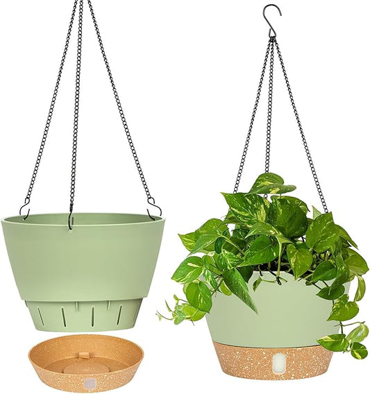 QCQHDU 2 Pack Hanging Planters for Indoor Outdoor Plants, 10 Inch Hanging Baskets Flower Pots with Reservoir Tray & Visible Water-Level