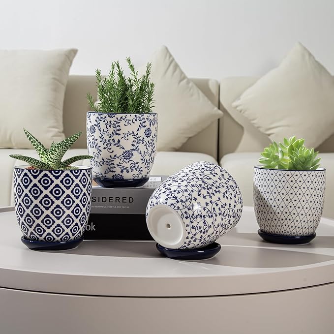 Ceramic Succulent Planter Pots - 4.6 Inch Small Flower Pot with Drainage Holes and Saucers for Indoor Plant, Cactus, Herbs, Outdoor Plants, Home Decor, Set of 4, Vintage Blue