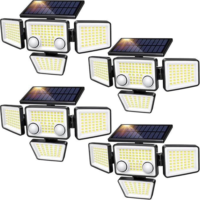 Solar Lights Outdoor - 3000LM 188 LED Motion Sensor Outdoor Lights, 4 Heads IP65 Waterproof Powered Security Flood Lights, 270°Wide Lighting Angle Wall Light with Sensors for Backyard (4 Pack)