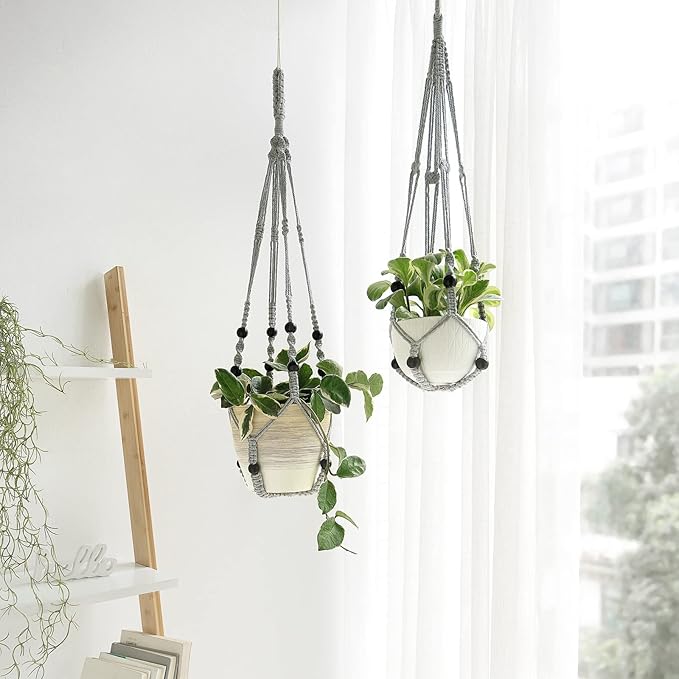 Mkono Macrame Plant Hanger Indoor Hanging Planter Basket with Wood Beads Decorative Flower Pot Holder No Tassels for Indoor Outdoor Boho Home Decor 35 Inch, Grey, Set of 1 (POTS NOT Included)