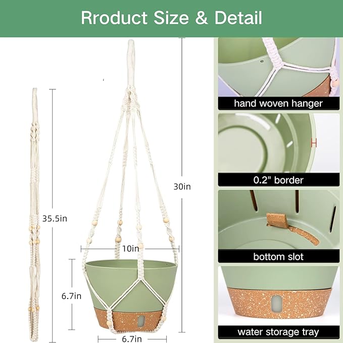 QCQHDU 2 Pack Hanging Planters for Indoor Plants, Outdoor Flower Hanging Baskets, Self Watering Pots with Drainage Holes & Removable Tray (Green, 10 inch, Macrame Hanger)