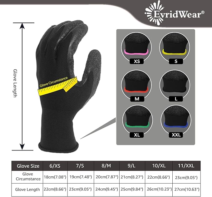 Evridwear Crinkle Latex Rubber Hand Coated Safety Work Gloves for Men Women General Multi Use Construction Warehouse Gardening Assembly Landscaping (S-Size) 12 Pairs Pack