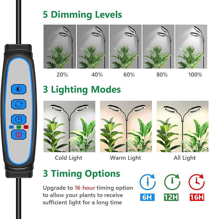 Large Plant Light for Indoor Plants, 2 Head Full Spectrum Grow Light with 68" Adjustable Stand for Growing Large Tall Plants, Black Halo Floor LED Grow Lamp with 16 Hour Timer