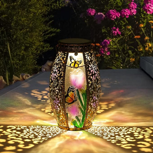 Solar Lanterns Outdoor Hanging Light - Solar Powered LED Butterfly Glass Lights Decorative Waterproof Tabletop Lampwith Hollowed-Out Design for Indoor Yard Table Patio Garden Pathway Holiday
