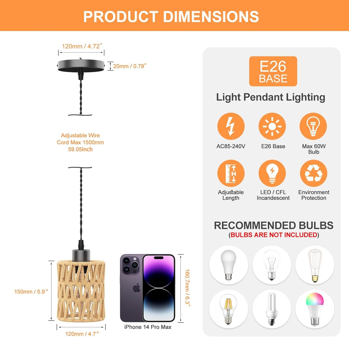 Farmhouse Hemp Rope Pendant Light - Rustic Hand-Woven Rattan Boho Hanging Light for Kitchen Island,Dining Room,Bedroom -Wicker Cage Chandelier-Coastal/Nautical Lighting Fixture Fixture(1Pack)