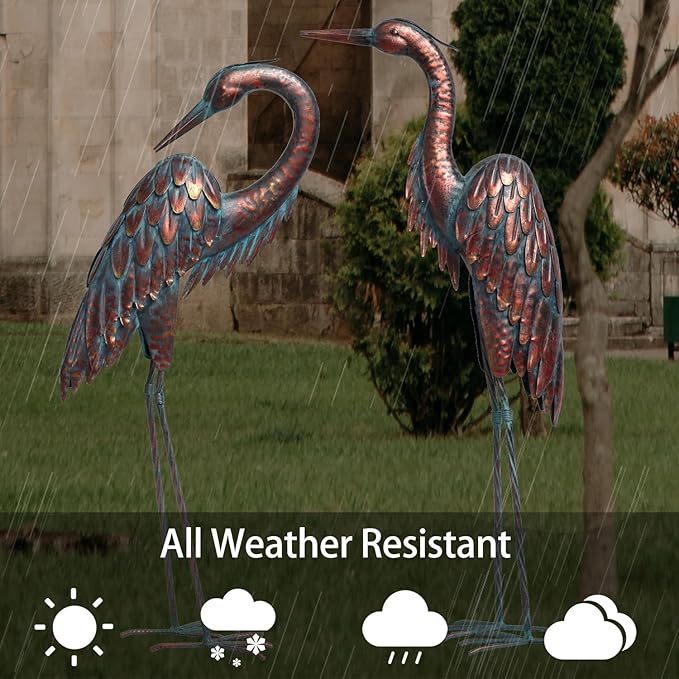 Kircust Metal Crane Statues - Set of 2 Bronze Heron Sculptures for Garden, Patio, or Yard Decor - 27.56" Tall Weatherproof Outdoor Art