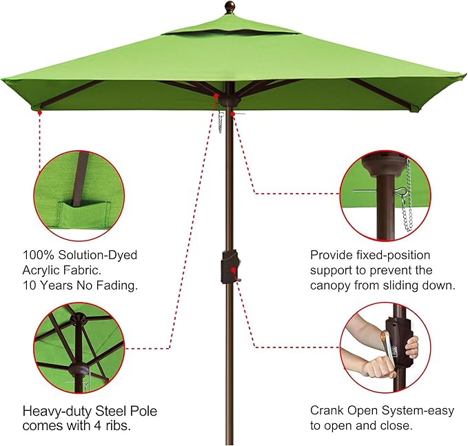 EliteShade USA 10-Year-Non-Fading 6x6Ft Square Market Umbrella Patio Outdoor Table Umbrella with Ventilation, Macaw Green