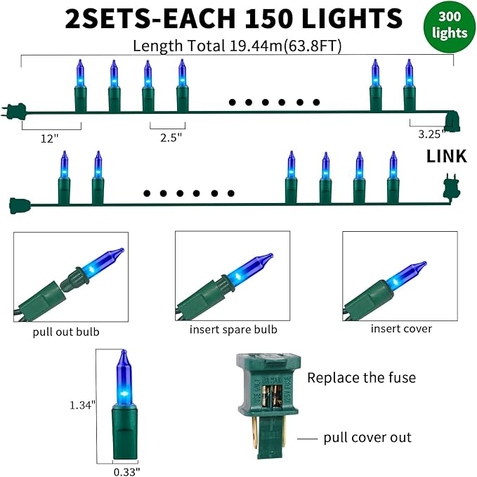 Ultra-Bright Connects End to End Blue Christmas Mini Light 300L 63.8Ft(2Sets-Each 150L)UL Listed Incandescent Bulb String Light for Indoor Outdoor Holiday Garden Party Christmas Tree Decor
