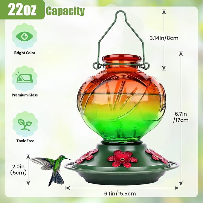 BOLITE Hummingbird Feeder, Glass Hummingbird Feeders for Outdoors Hanging, 22 Ounce, Five Feeding Ports with Perch, Peony Flower Shape, Orange and Green, Gifts for Women Men, Gifts for Mom Dad