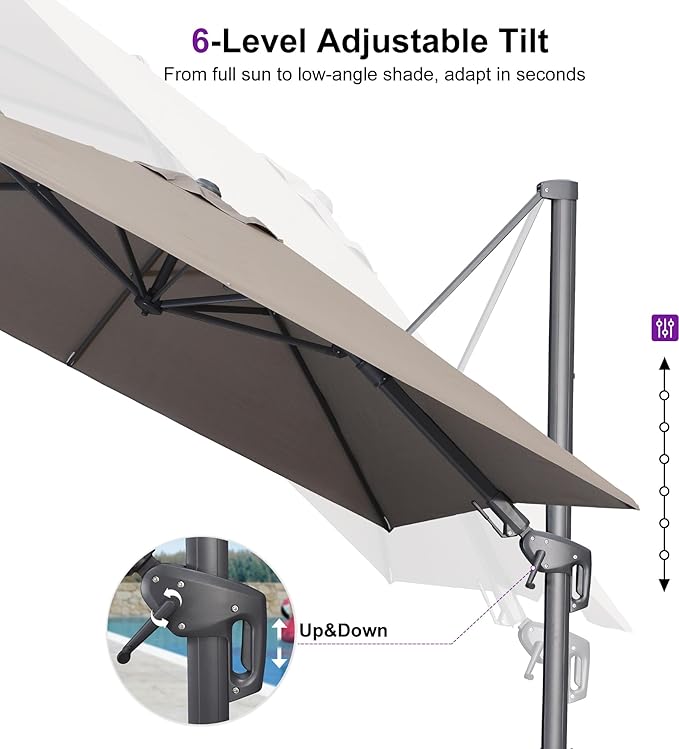 PURPLE LEAF 8' X 10' Left-right Tilting Outdoor Patio Umbrella Swivel Offset Cantilever Heavy Duty Rectangle Aluminu Umbrella with UV Resistant for Deck Pool Patio Backyard, Ash Mocha